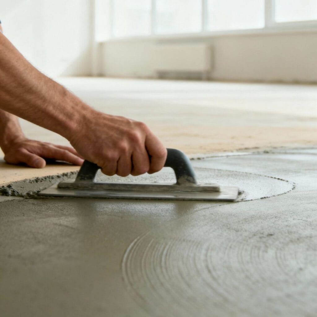 Karriere 1 Hand glättet frische Betonmasse mit Glättkelle auf Bodenfläche in Innenraum mit Fenster im Hintergrund.