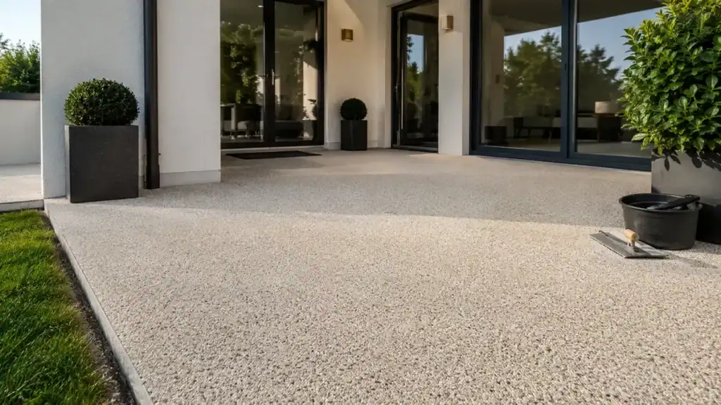 Heller Steinteppich auf einer modern gestalteten Terrasse vor einem Einfamilienhaus