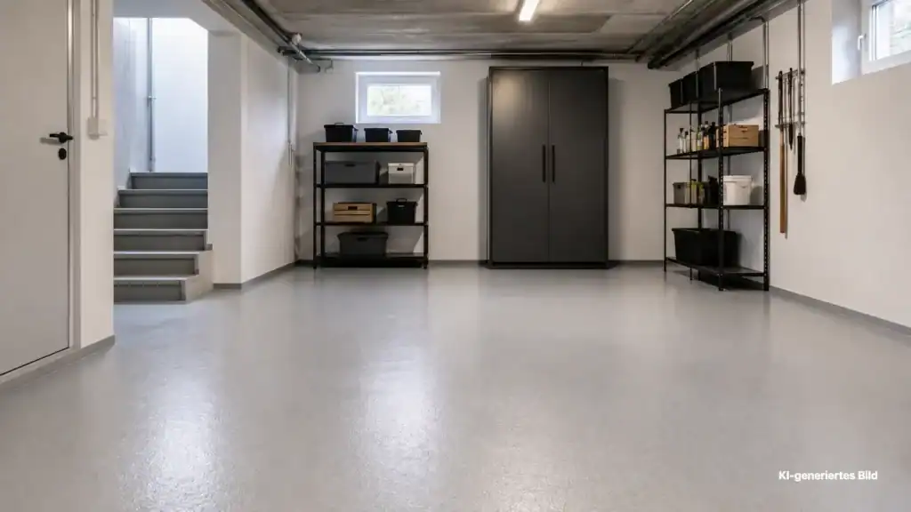 Modernisierter Keller mit hellgrauem fugenlosen Epoxidharzboden