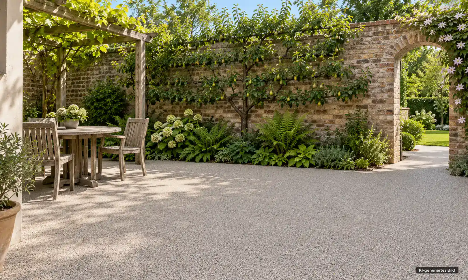 Steinteppich in Bonn: Großzügige Terrasse mit hellgrauem Steinteppich, gemütlicher Holzsitzgruppe, begrünter Pergola und historischer Backsteinmauer mit Torbogen.
