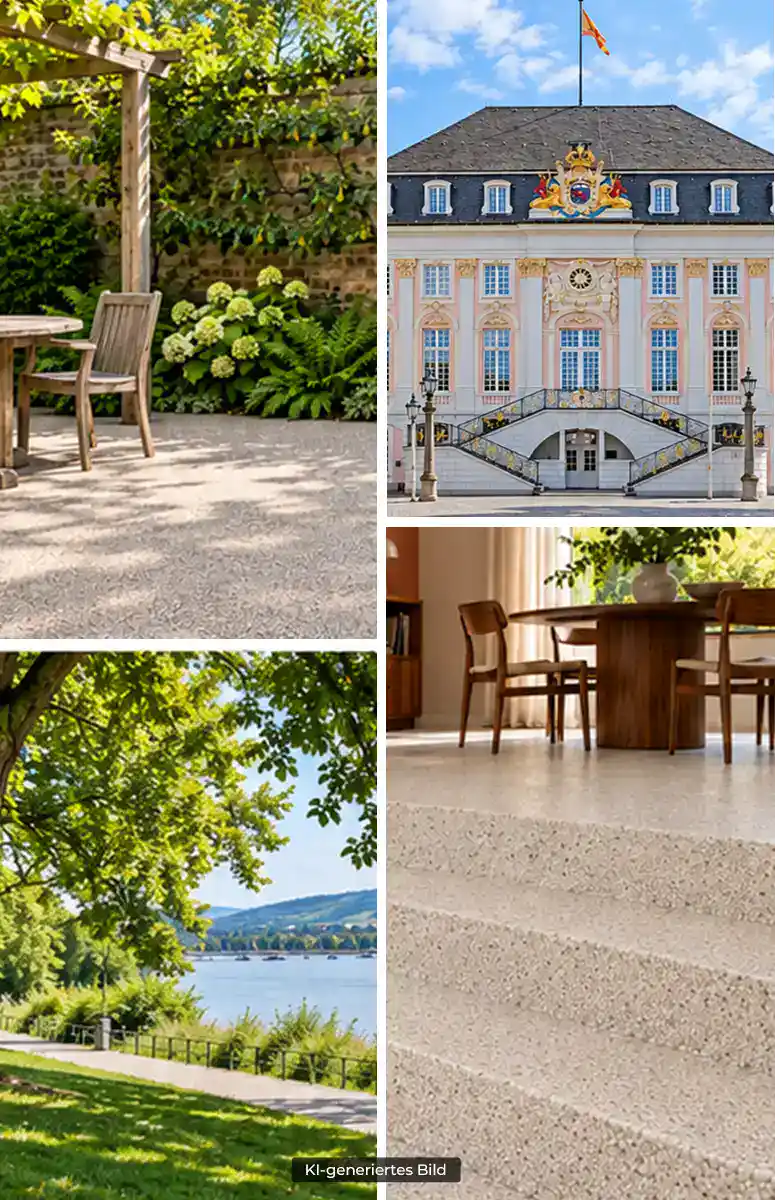 Bildcollage aus Bonn mit dem Alten Rathaus, einer grünen Rheinlandschaft sowie modernen Steinteppichen auf einer Terrasse und einer Innentreppe.