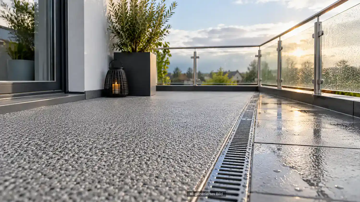 Steinteppich auf einem Balkon mit Gefälle und Entwässerungsrinne nach Regen