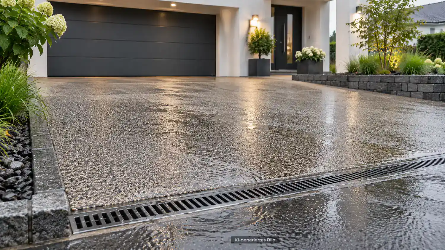 Moderne Steinteppich-Einfahrt mit Gefälle und Entwässerungsrinne zur gezielten Ableitung von Regenwasser