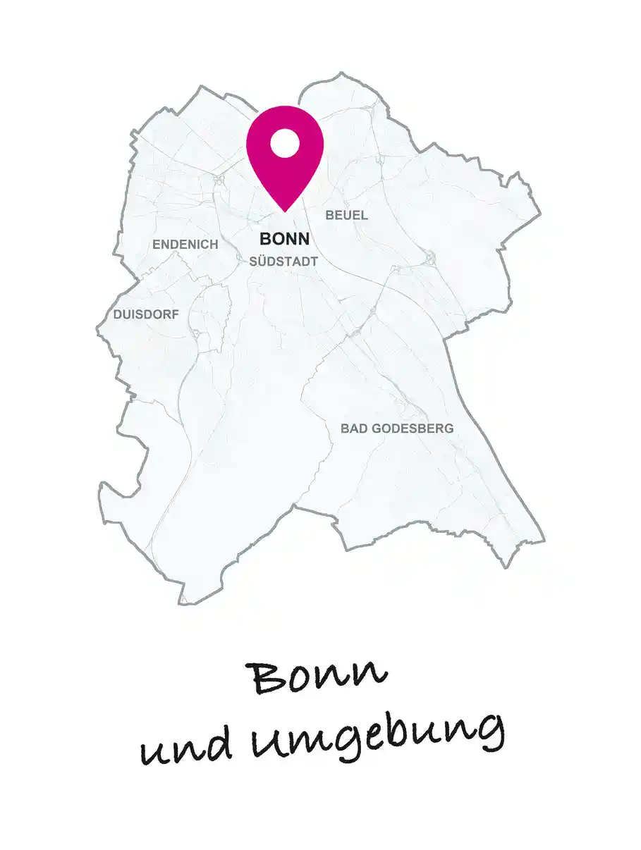 Stadtkarte von Bonn mit pinkfarbener Standortmarkierung und den Stadtteilen Endenich, Südstadt, Beuel, Duisdorf und Bad Godesberg.