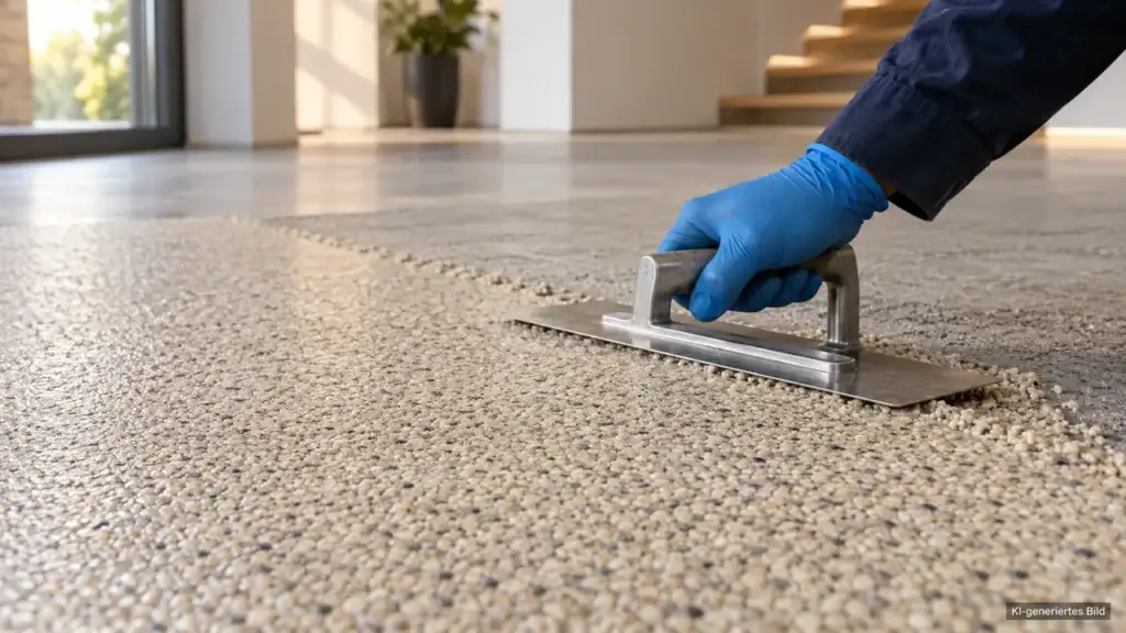 Eine behandschuhte Hand verdichtet hellen Steinteppich mit einer Glättkelle auf einer Bodenfläche.