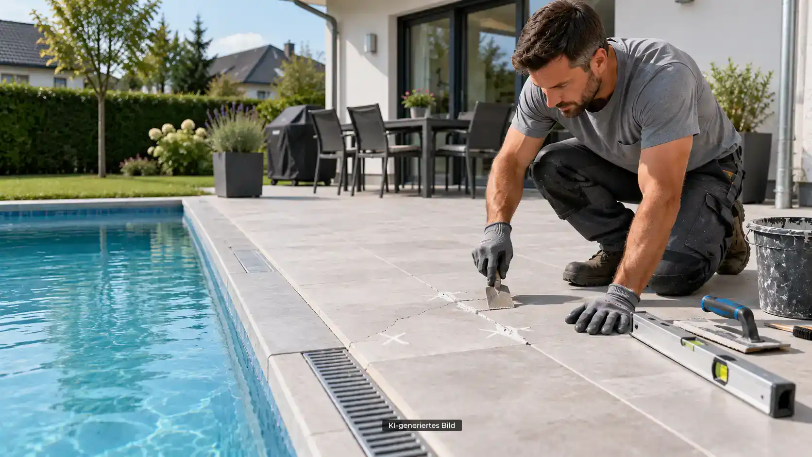 Handwerker repariert vorhandene Fliesen am Pool als Vorbereitung für einen Steinteppich