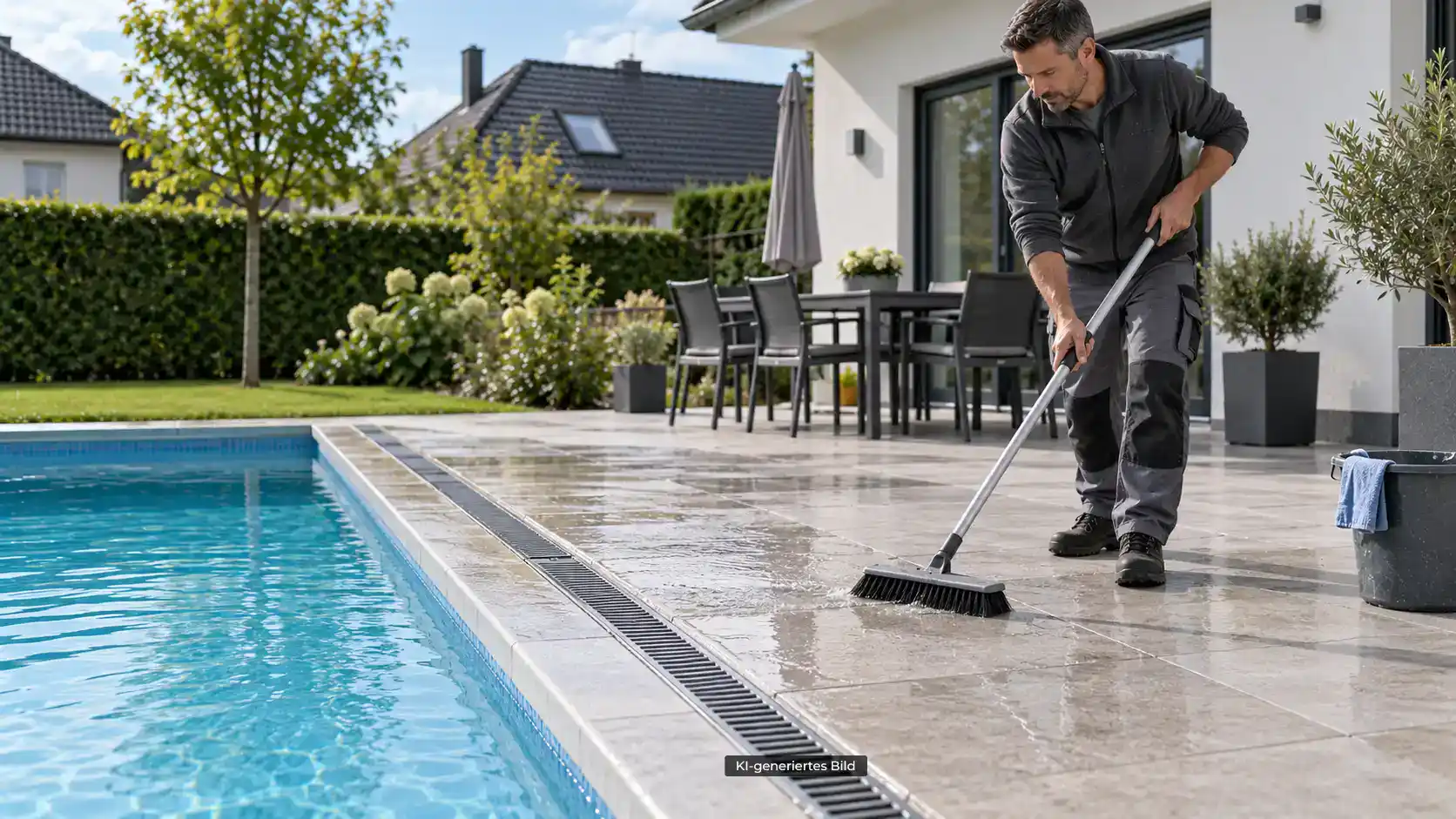 Steinteppich am Pool: Reinigung einer Poolumrandung mit Entwässerungsrinne zur kontrollierten Wasserableitung
