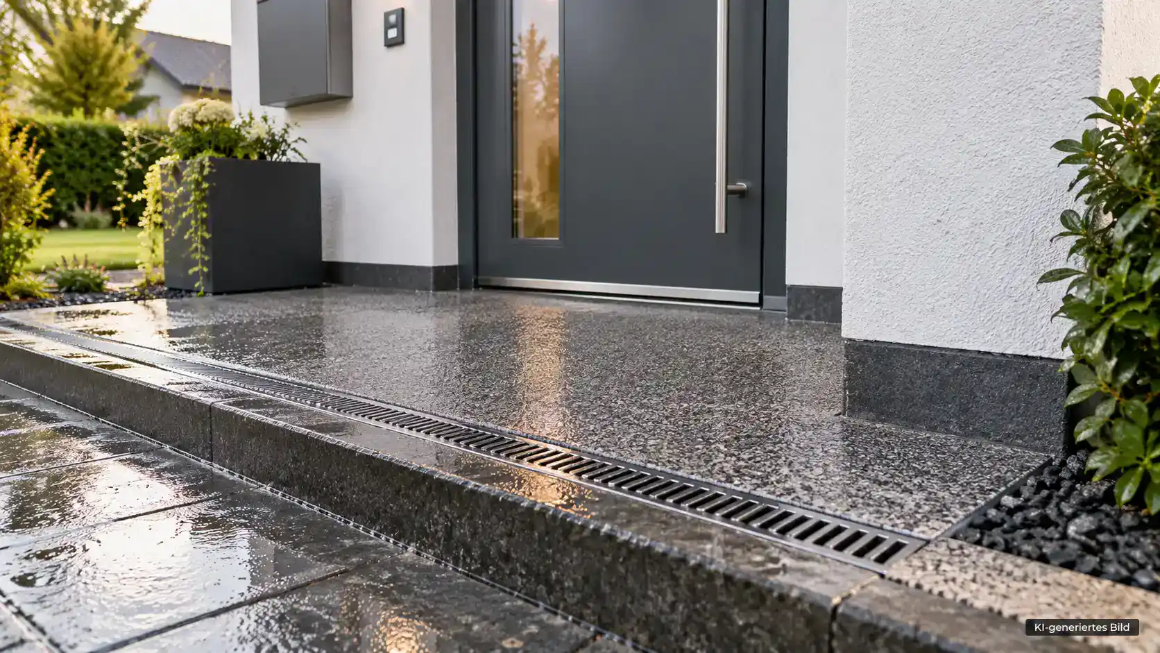 Moderner Hauseingang mit Entwässerungsrinne und sauber ausgeführtem Türanschluss nach Regen